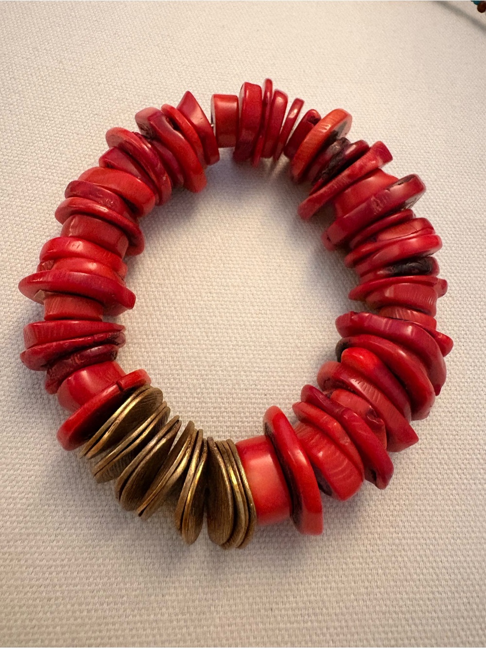 Red Coral Beaded Stretch Bracelet with Brass Accents